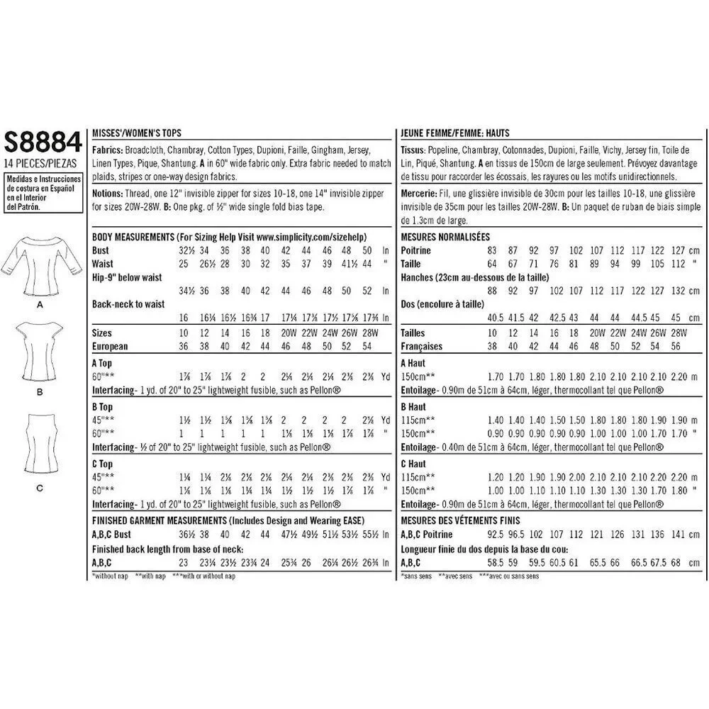 Simplicity Sewing Pattern S8884 R10134 Tops Womens Size‎ 20-28